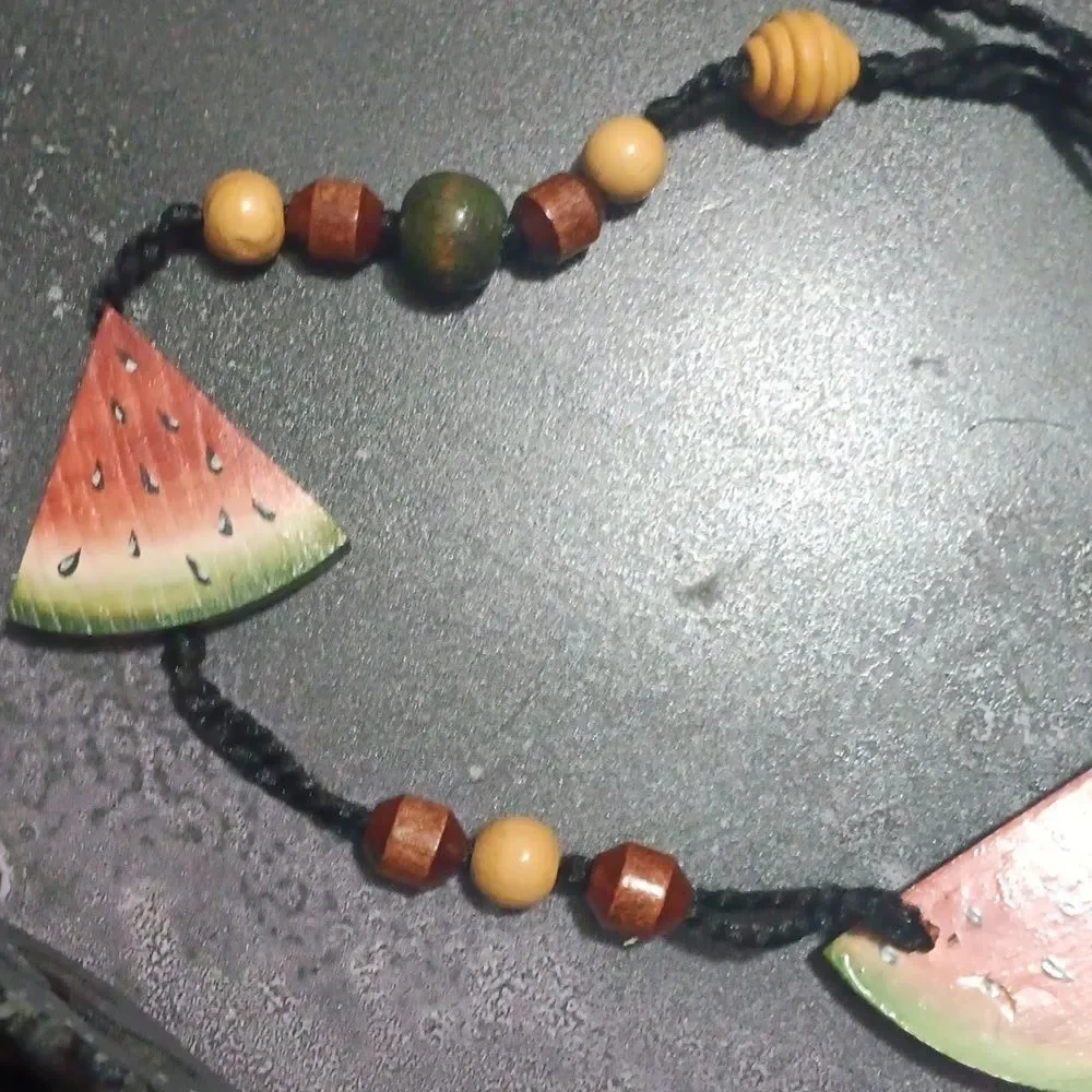 VINTAGE Long Wood Watermelon And Wood Beaded Necklace